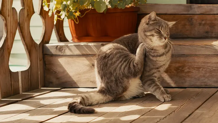 A picture of a tabby cat scratching behind their ear.