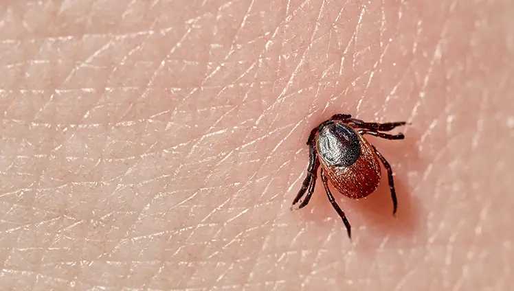 A closeup of a tick embedded in a human's skin.