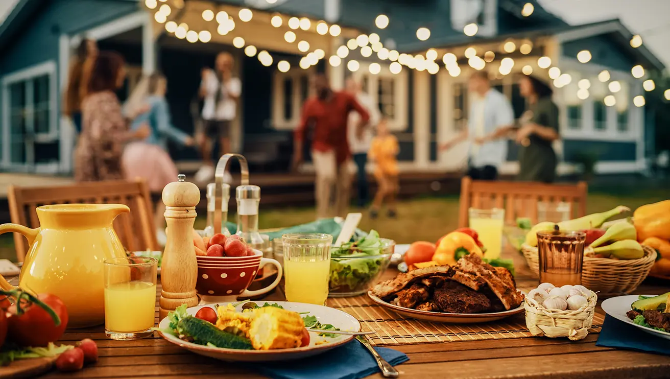 A picture of food on a table outside.