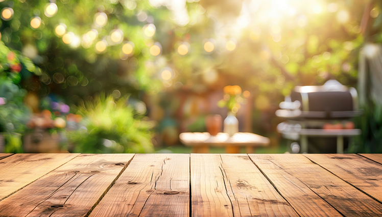 A picnic table that looks out to a sunny back yard.