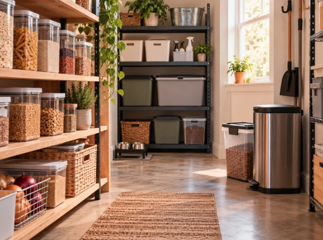 Sealed food containers and organized storage shelves in a clean utility room.