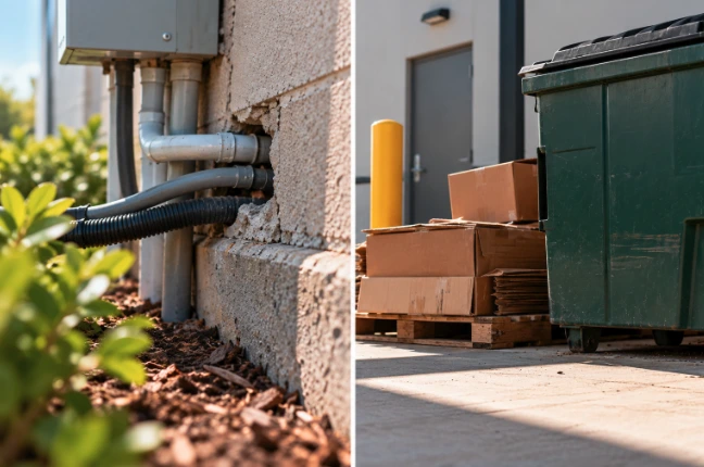 Exterior wall opening beside waste and stored materials that may support rodent activity. 
