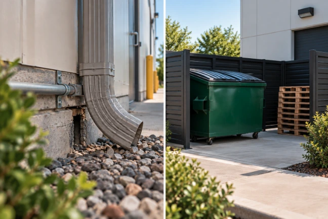 Exterior building gap and waste area evaluated for possible rodent access and activity. 